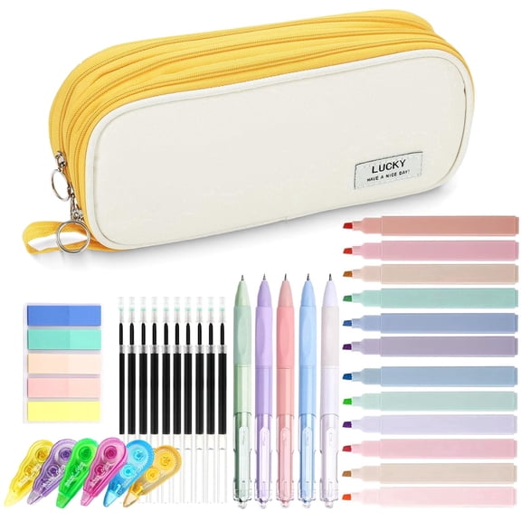 Ristpal Large Capacity Pencil Pouch Set, All-in-One Kit with Pens,Refills, Index,Tab Correction Tapes (Yellow)