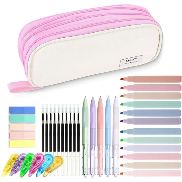 Ristpal Large Capacity Pencil Pouch Set Purple, All-in-One Kit with Pens,Refills, Index,Tab Correction Tapes(Pink)