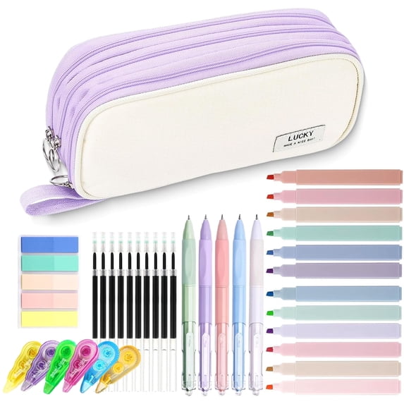 Ristpal Large Capacity Pencil Pouch Set Purple, All-in-One Kit with Highlighters Pens Refills Index Tab Correction Tapes,Portable Office School Supply(purple)