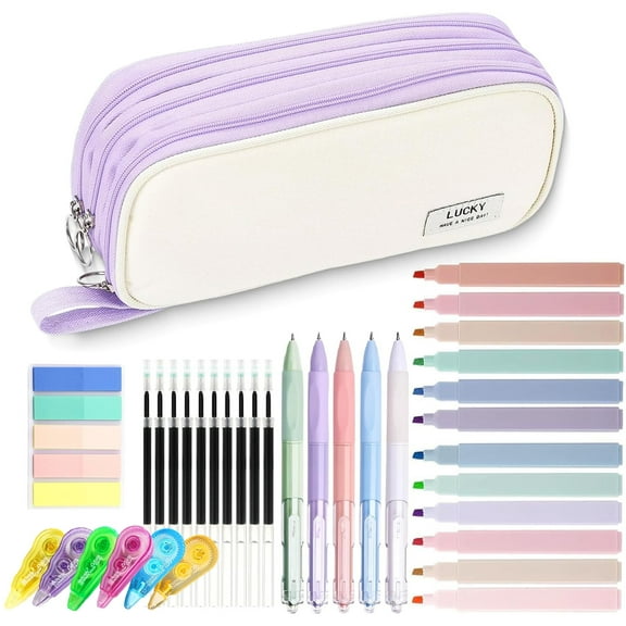 Ristpal Large Capacity Pencil Pouch Set Purple, All-in-One Kit with Highlighters Pens Refills Index Tab Correction Tapes,Portable Office School Supply(purple)