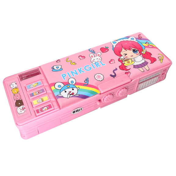 Ristpal Pop up Multi Function Pencil Case (6-12), Cute Cartoon Pencil Box with Sharpener, Schedule, Whiteboard(Pink, with Password Lock)