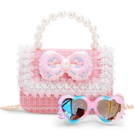 Ristpal Purse, Kids Purse Sunglasses with Pearl Bow,Gift for 3-12 Year Old Birthday Gift, Princess Handbags,Crossbody Bag(Pink)
