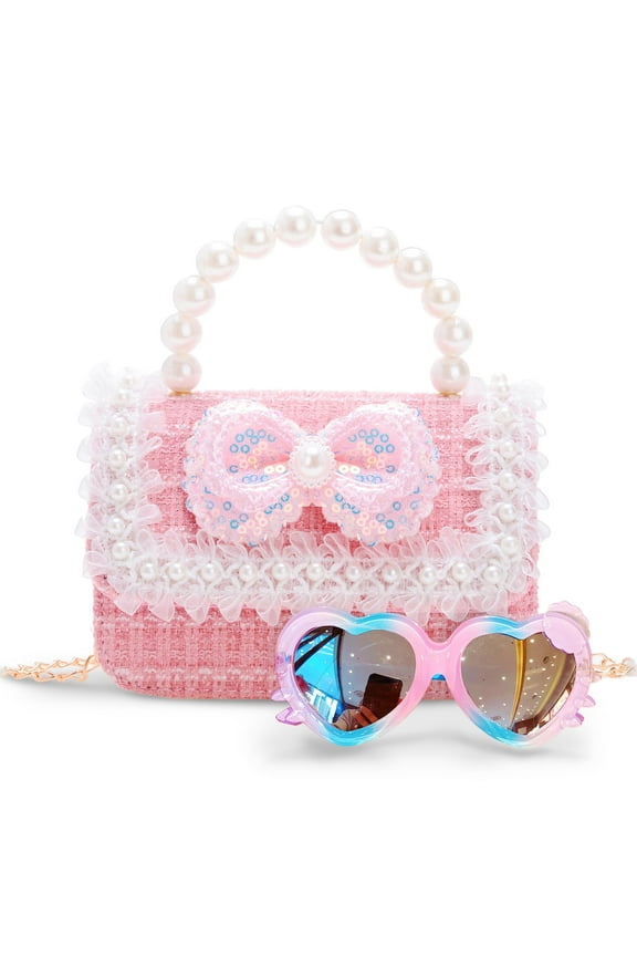Purse, Kids Purse Sunglasses with Pearl Bow,Gift for 3-12 Year Old Birthday Gift, Princess Handbags,Crossbody Bag(Pink)