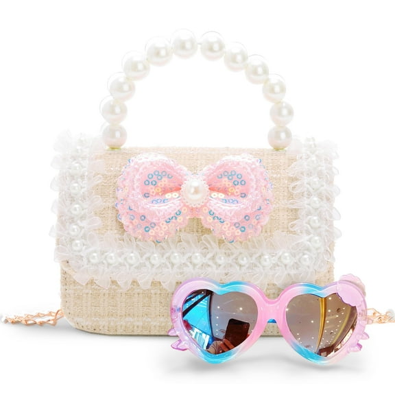 Ristpal Purse, Kids Purse Sunglasses with Pearl Bow,Gift for 3-12 Year Old Birthday Gift, Princess Handbags,Crossbody Bag(White)