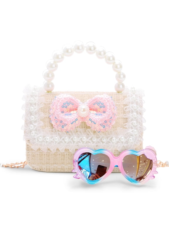 Purse, Kids Purse Sunglasses with Pearl Bow,Gift for 3-12 Year Old Birthday Gift, Princess Handbags,Crossbody Bag(White)