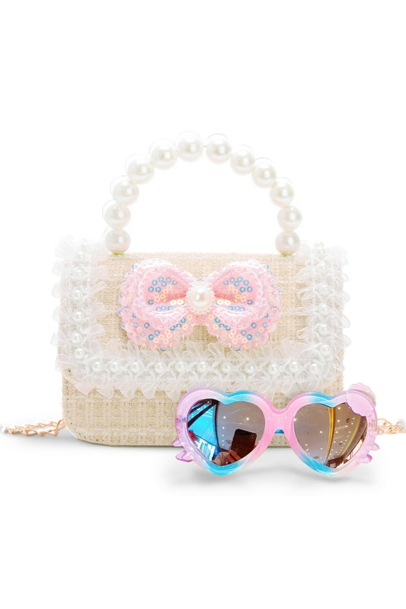Purse, Kids Purse Sunglasses with Pearl Bow,Gift for 3-12 Year Old Birthday Gift, Princess Handbags,Crossbody Bag(White)