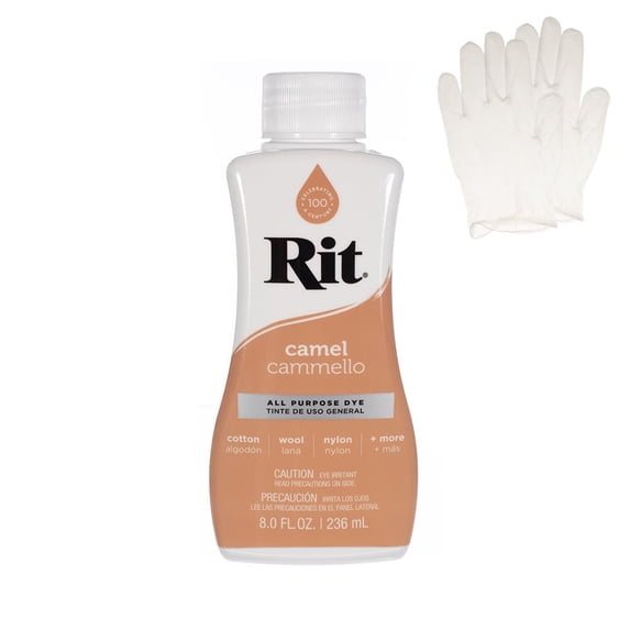 Rit All Purpose Liquid Dye for Cotton, Linen, Rayon, Silk, Wool, and Nylon Fabrics – Camel 8 fl oz. with Gloves Included