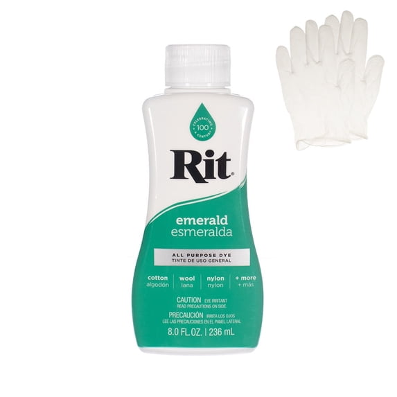 Rit All Purpose Liquid Dye for Cotton, Linen, Rayon, Silk, Wool, and Nylon Fabrics – Emerald 8 fl oz. with Gloves Included