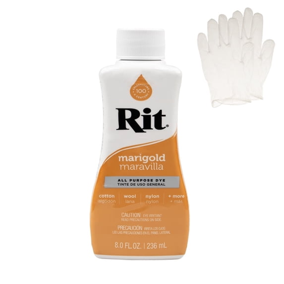 Rit All Purpose Liquid Dye for Cotton, Linen, Rayon, Silk, Wool, and Nylon Fabrics – Marigold 8 fl oz. with Gloves Included