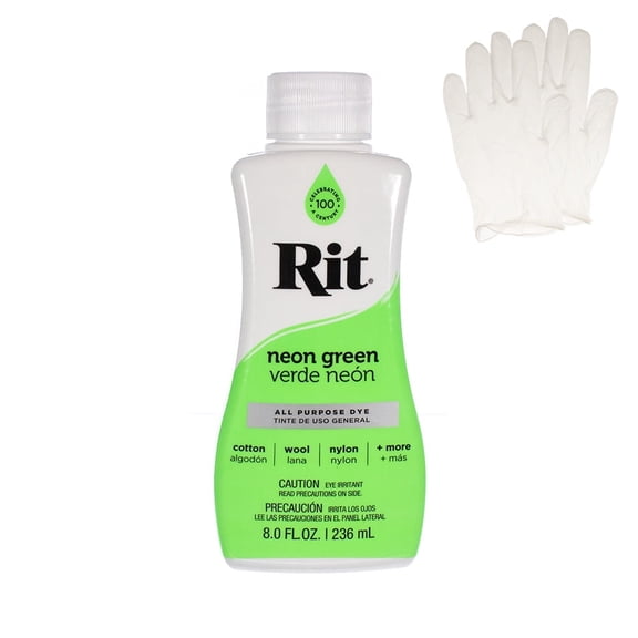 Rit All Purpose Liquid Dye for Cotton, Linen, Rayon, Silk, Wool, and Nylon Fabrics – Neon Green 8 fl oz. with Gloves Included