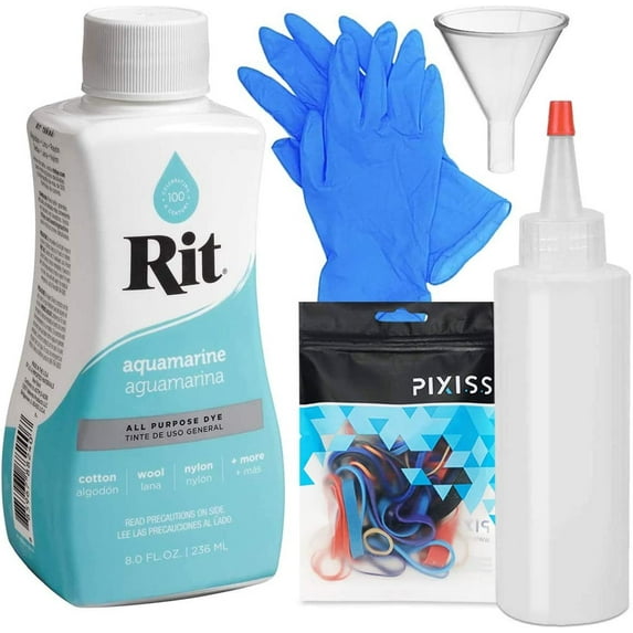 Rit Dye Liquid Aquamarine All-Purpose Dye 8oz, Pixiss Tie Dye Accessories Bundle with Rubber Bands, Gloves and Squeeze Bottle