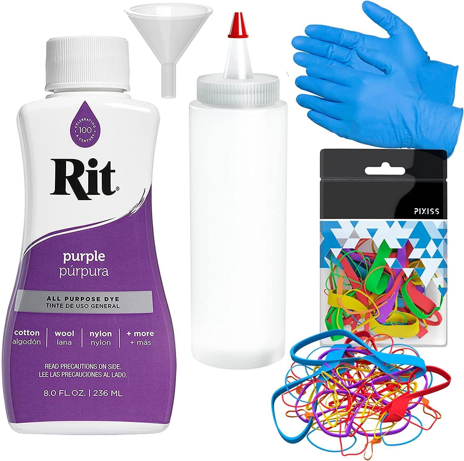 Rit Dye Liquid Purple All-Purpose Dye 8oz, Pixiss Tie Dye Accessories Bundle with Rubber Bands, Gloves, Funnel and Squeeze Bottle
