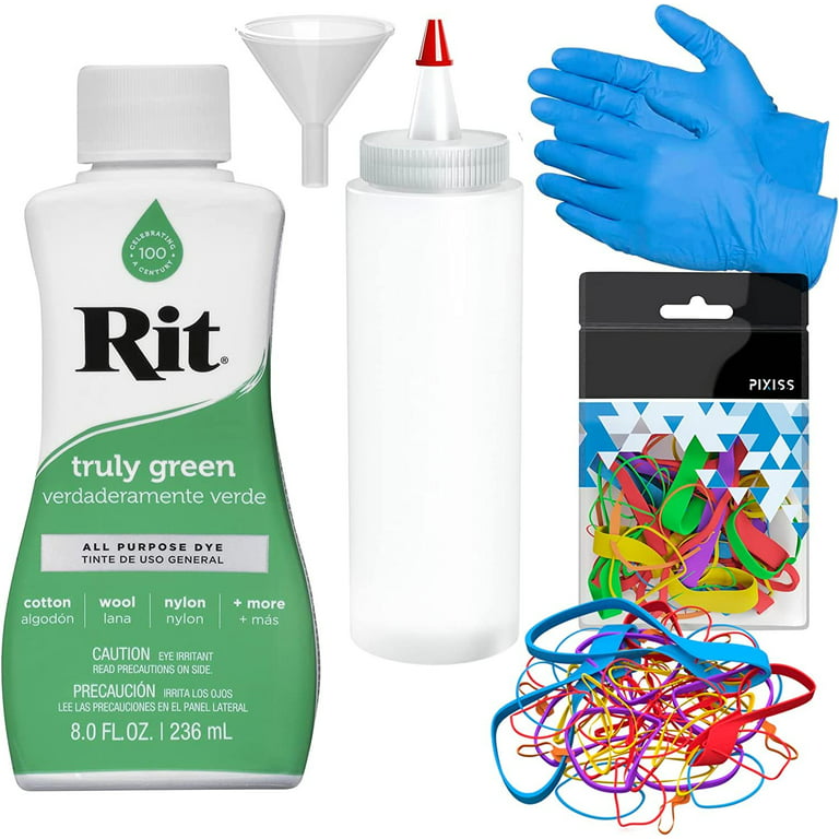 Rit Dye Liquid Truly Green All-Purpose Dye 8oz, Pixiss Tie Dye Accessories Bundle with Rubber Bands, Gloves, Funnel and Squeeze Bottle, Size: Large