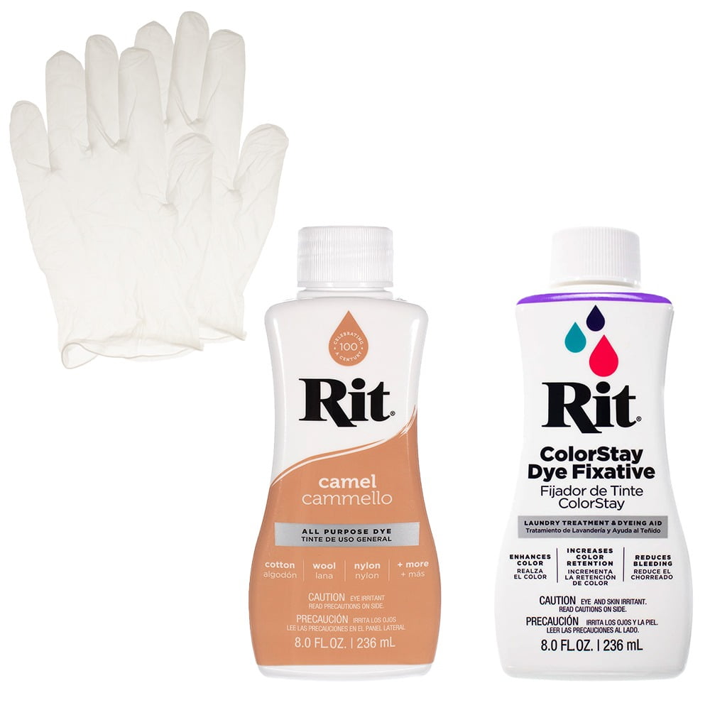 Rit Liquid Dye with ColorStay Fixative Bundle – All in One Kit with Gloves to Reduce Color Bleed (Camel)