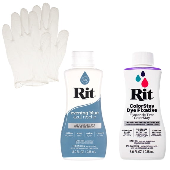 Rit Liquid Dye with ColorStay Fixative Bundle – All in One Kit with Gloves to Reduce Color Bleed (Evening Blue)