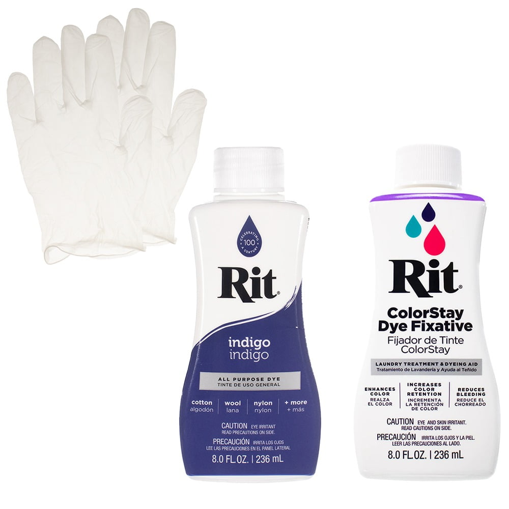 Rit Liquid Dye with ColorStay Fixative Bundle – All in One Kit with Gloves to Reduce Color Bleed (Indigo)