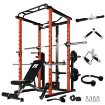 RitFit 1000LB Capacity Power Cage Rack with Lat pull down, Adjustable Weight Bench, 7ft Olympic Barbell, 230lb Rubber Weight Plates & Free Barbell Clamps