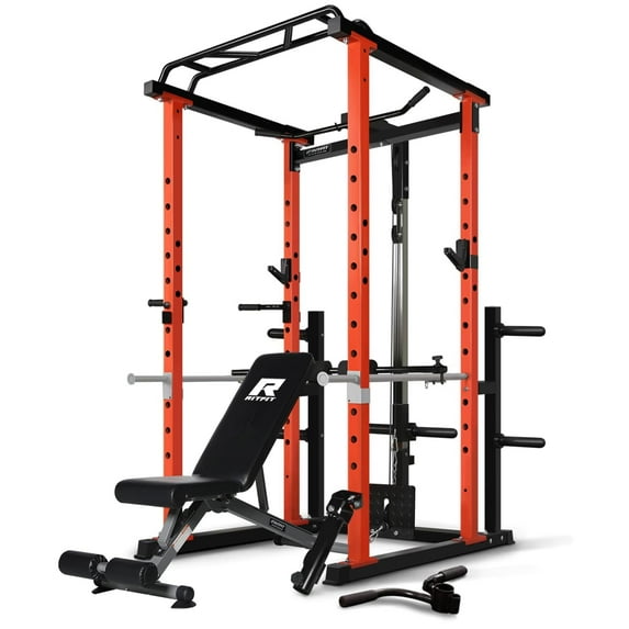 RitFit 1000LB Capacity Power Cage Rack with Adjustable Weight Bench, Lat Pull Down System with J-Cups, Dip Bars and Other Attachments