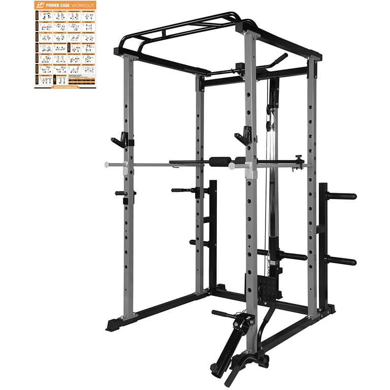 RitFit 1000LB Capacity Power Cage Rack with Pulley, Lat Pull Down System with  J-Cups, Dip Bars and Other Attachments 
