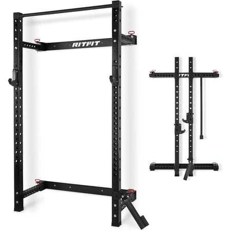 RitFit 2.36'' x 2.36'' Folding Squat Rack for Home Gym, Wall Mounted Squat Power Rack with Attachments - Space Saving, Black