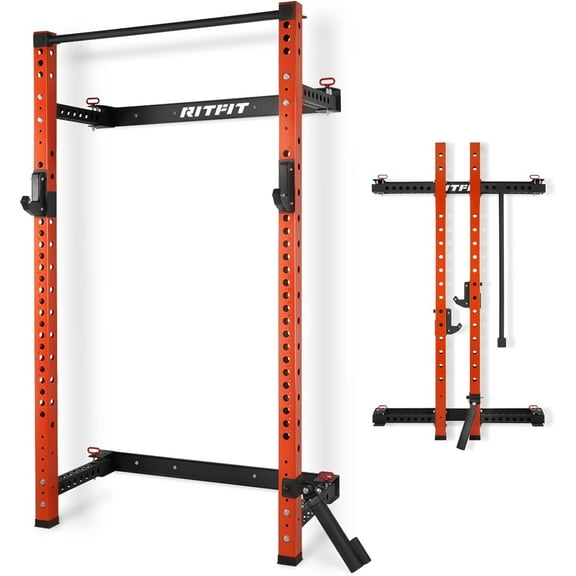 RitFit 2.36'' x 2.36'' Folding Squat Rack for Home Gym, Wall Mounted Squat Power Rack with Attachments - Space Saving, Orange