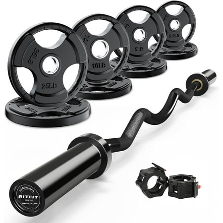 RitFit 2 Inch EZ Curl Bar with Weights, 700LBS Weight Capacity Olympic Curl Barbell for Bicep, Tricep and Weight Lifting Exercises (Black(with 85LB Weights))