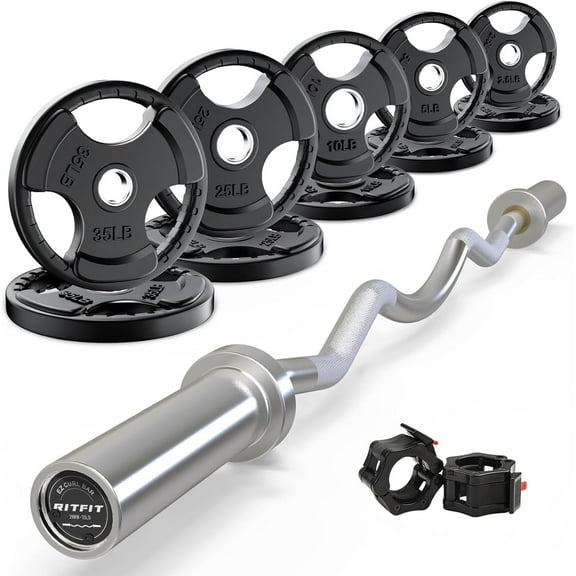 RitFit 2 Inch EZ Curl Bar with Weights, 700LBS Weight Capacity Olympic Curl Barbell for Bicep, Tricep and Weight Lifting Exercises (Silver(with 155LB Weights))