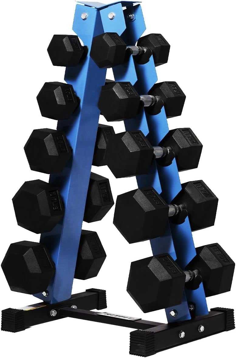 RitFit 250LB Rubber Hex Dumbbell Sets with Weights Rack, Multiple Color ...