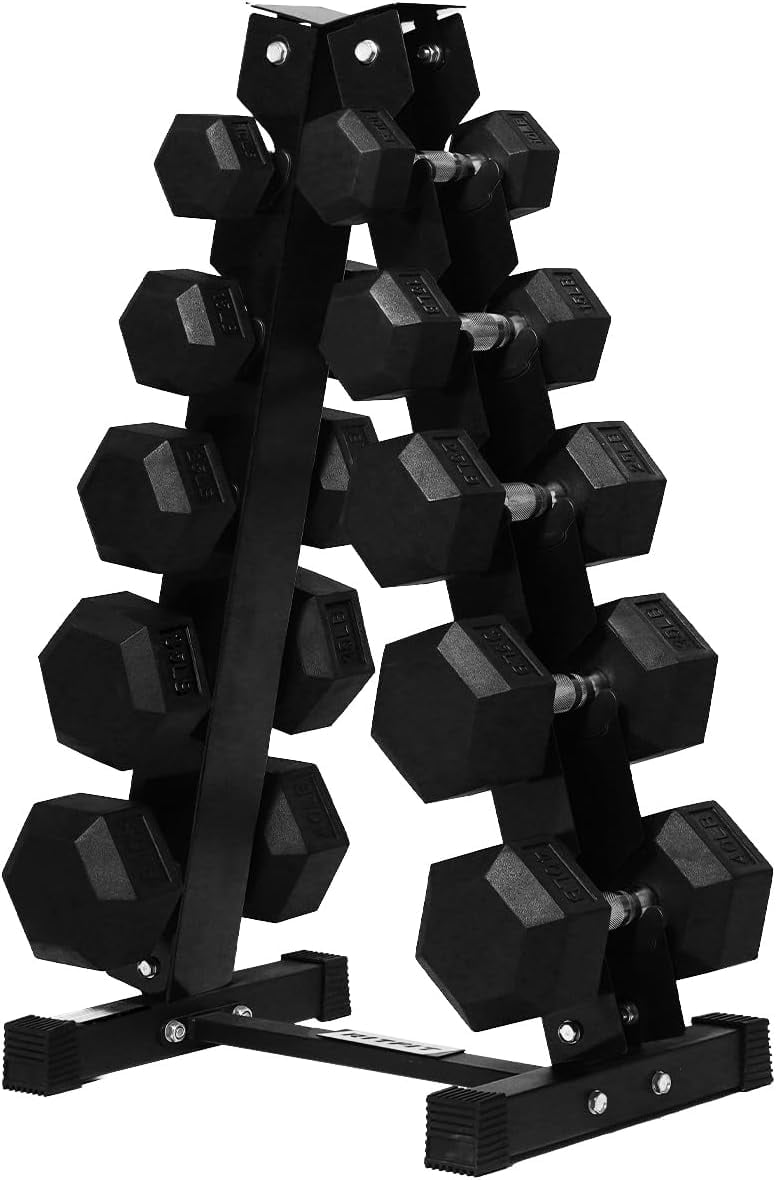 RitFit 300LB Rubber Hex Dumbbell Sets with Weights Rack, Multiple Color Choices Available, Great Gym Equipment for Home, Strength Training, Workouts (300LB, Black)