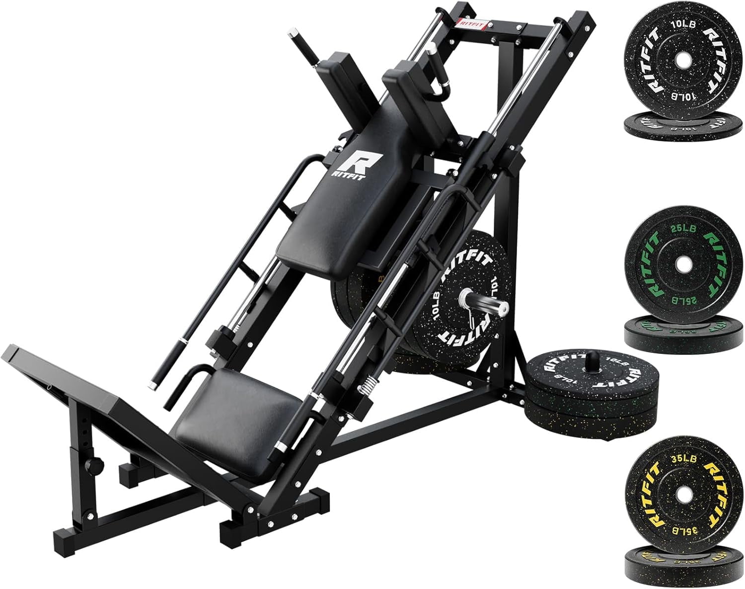 RitFit Adjustable Leg Press and Hack Squat Machine with Weight Plates, Professional Home Gym Equipment with Linear Bearings and Weight Storage Posts, 140LB Fleck Rubber Plate Set