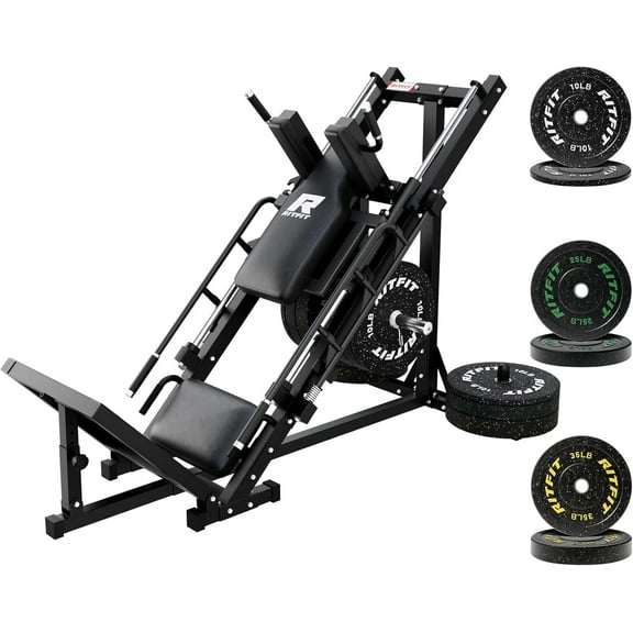 RitFit Adjustable Leg Press and Hack Squat Machine with Weight Plates, Professional Home Gym Equipment with Linear Bearings and Weight Storage Posts, 140LB Fleck Rubber Plate Set