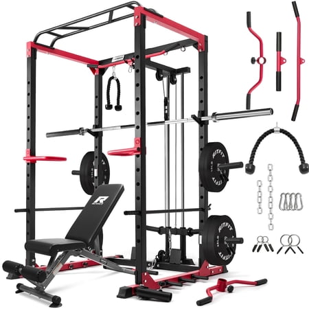 RitFit All-in-One Squat Rack for Home Gym, PPC02C Multi-Function 1000 LBS Capacity Power Cage with LAT Pulldown, Pulley System, Dip Bar, Landmine & More Power Rack Attachments (Red BP230 LBS Set)