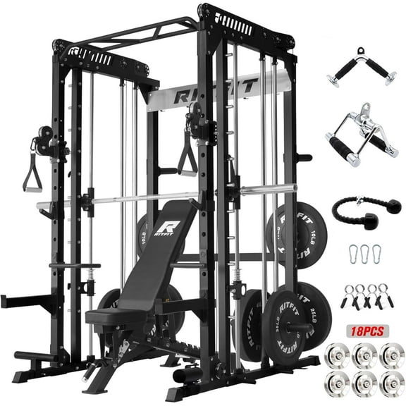 RitFit M1 Pro Smith Machine with Cable Crossover System, Multi-Function Squat Rack Power Cage for Home Gym, Power Rack and Packages Black（bp230 Package