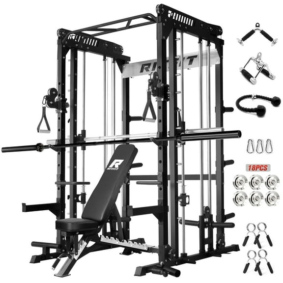 RitFit M1 Pro Smith Machine with Cable Crossover System, Multi-Function Squat Rack Power Cage for Home Gym, Power Rack and Packages with Weight Bench and 7 FT Olympic Barbell, Black