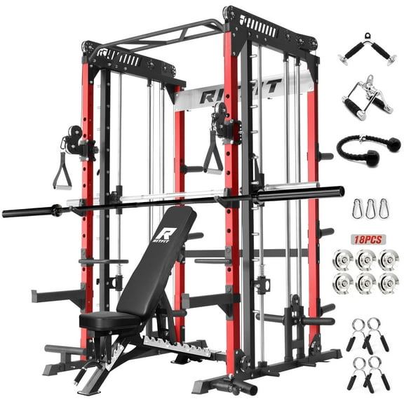 RitFit M1 Pro Smith Machine with Cable Crossover System, Multi-Function Squat Rack Power Cage for Home Gym, Power Rack and Packages with Weight Bench and 7 FT Olympic Barbell, Red