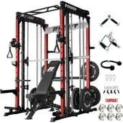 RitFit M1 Pro Smith Machine with Cable Crossover System, Multi-Function Squat Rack Power Cage for Home Gym, Power Rack and Packages with Weight Bench and Plates Set Red, BP 230 Package
