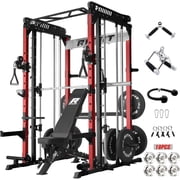 RitFit M1 Pro Smith Machine with Cable Crossover System, Multi-Function Squat Rack Power Cage for Home Gym, Power Rack and Packages with Weight Bench and Plates Set Red, BP 260 Package