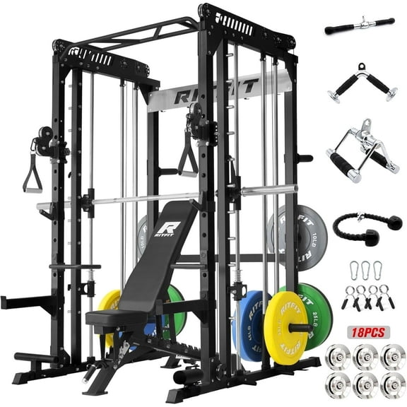 RitFit M1 Pro Smith Machine for Home Gym with Cable Crossover System, Multi-Function Squat Rack Power Cage, Power Rack and Packages Black(CLBP260 Package
