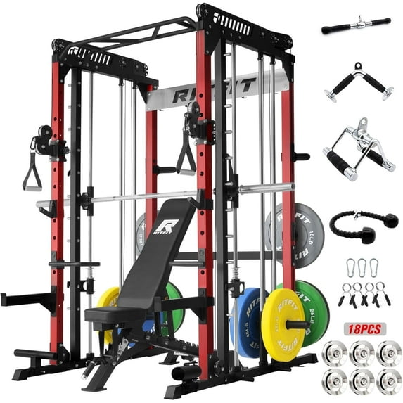 RitFit M1 Pro Smith Machine for Home Gym with Cable Crossover System, Multi-Function Squat Rack Power Cage, Power Rack and Packages Red (CLBP260 Package)