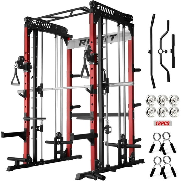 RitFit M1 Pro Smith Machine with Cable Crossover System, Multi-Function Squat Rack Power Cage for Home Gym, Power Rack and Packages Red