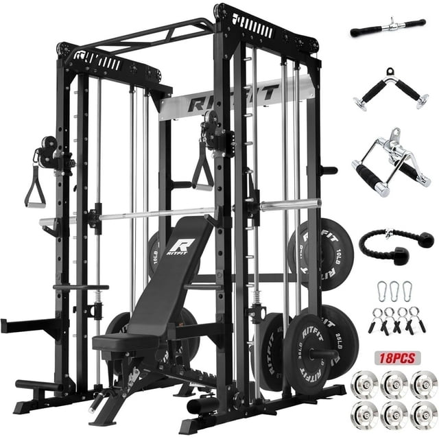 RitFit M1 Pro Smith Machine with Cable Crossover System, Multi-Function Squat Rack Power Cage for Home Gym, Power Rack and Packages Black(bp260 Package