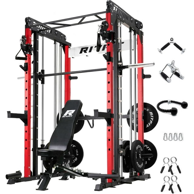 RitFit M1 Smith Machine with Cable Crossover System, Multi-Function Squat Rack Power Cage for Home Gym, Power Rack and Packages with Olympic Barbell Weight Set, Weight Bench, Olympic Bar and More