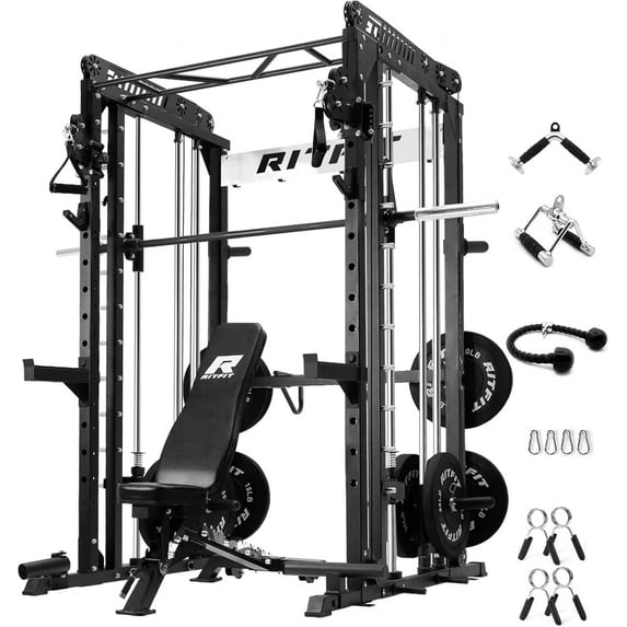 RitFit M1 Smith Machine Power Cage with Cable Crossover System, Multi-Function Squat Rack for Home Gym, Power Rack and Packages with Olympic Barbell Weight Set, Weight Bench, Olympic Bar and More