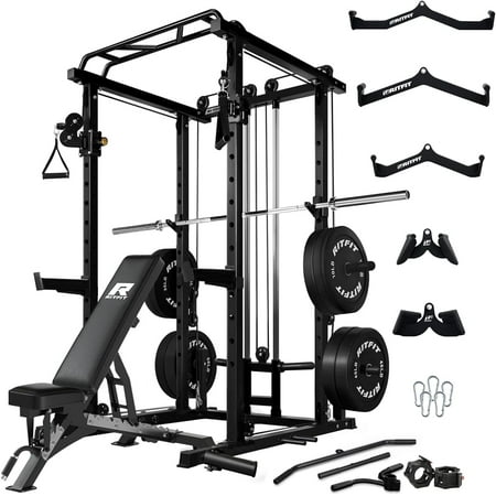 RitFit Multi-Function Squat Rack Power Rack Cage PPC03 with Cable Crossover System, 1000LBS Capacity Weight Cage with Optional Weight Bench, Olympic Barbell Weight Set for Home Gym Black (340 LBS)