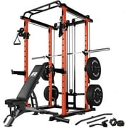 RitFit Multi-Function Squat Rack Power Rack Cage PPC03 with Cable Crossover System, 1000LBS Capacity Weight Cage with Optional Weight Bench, Olympic Barbell Weight Set for Home Gym Orange