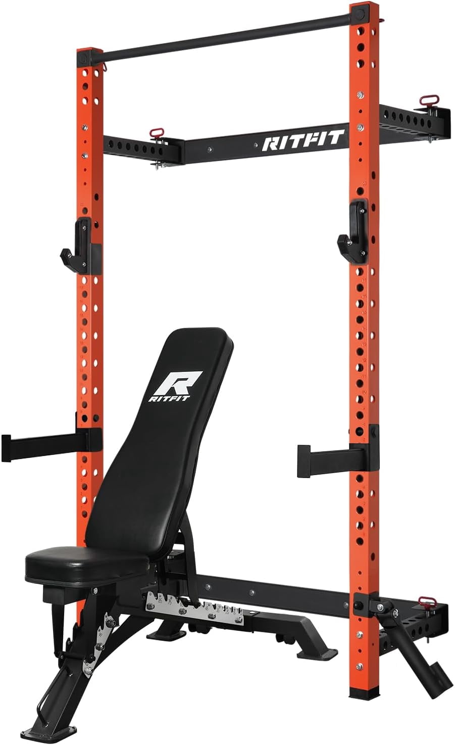 RitFit Multi-Functional Folding Squat Power Rack for Home Gym, 2.36'' x 2.36'' Wall Mounted Squat Rack with Attachments - Space Saving, Orange