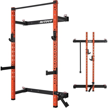 RitFit Multi-Functional Folding Squat Rack for Home Gym, 2.36'' x 2.36'' Wall Mounted Squat Power Rack with Safety Bar and Attachments - Space Saving, Orange