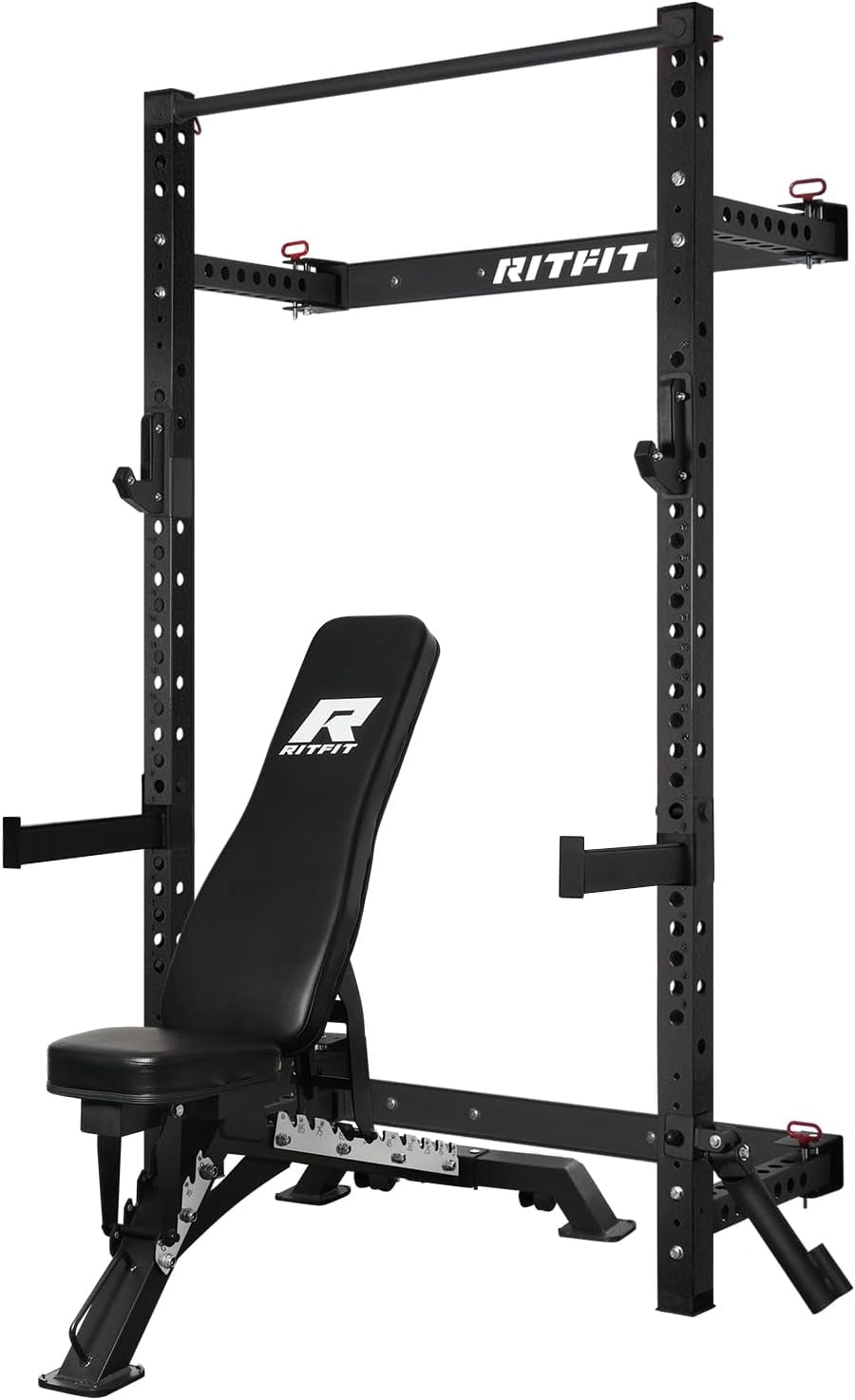 RitFit Multi-Functional Folding Squat Rack for Home Gym, 2.36'' x 2.36'' Wall Mounted Squat Power Rack with Attachments - Space Saving, Black