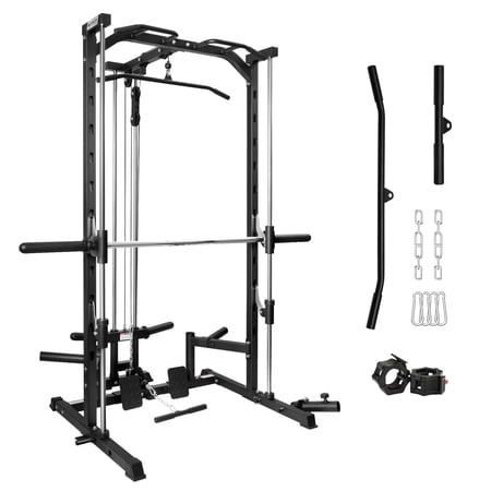 RitFit Smith Machine Power Cage Half Rack with LAT-Pull Down System, Landmine, Barbell Bar, Plate Storage Pegs and More Training Attachment, 1000 LBS Multifunction Squat Rack for Home Gym