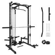 RitFit Smith Machine Power Cage Half Rack with LAT-Pull Down System, Landmine, Barbell Bar, Plate Storage Pegs and More Training Attachment, 1000 LBS Multifunction Squat Rack for Home Gym